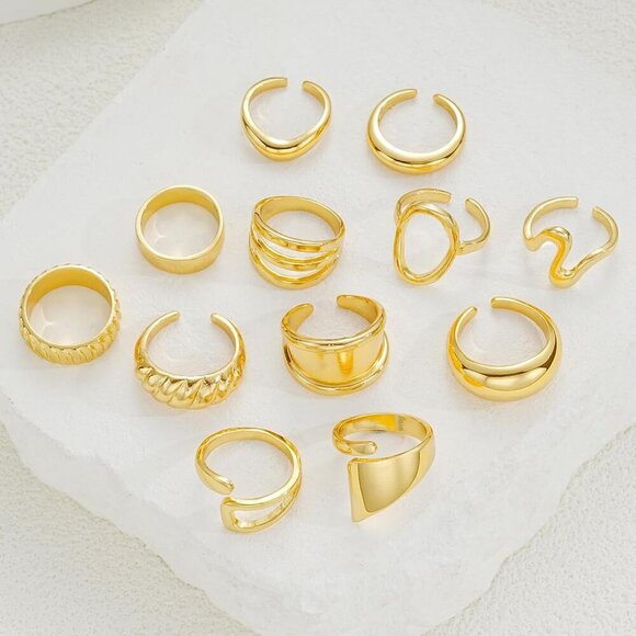 12 PCS Chunky Gold Rings for Women Non Tarnish, 18K Gold Plated Statement Open S - Picture 6 of 6